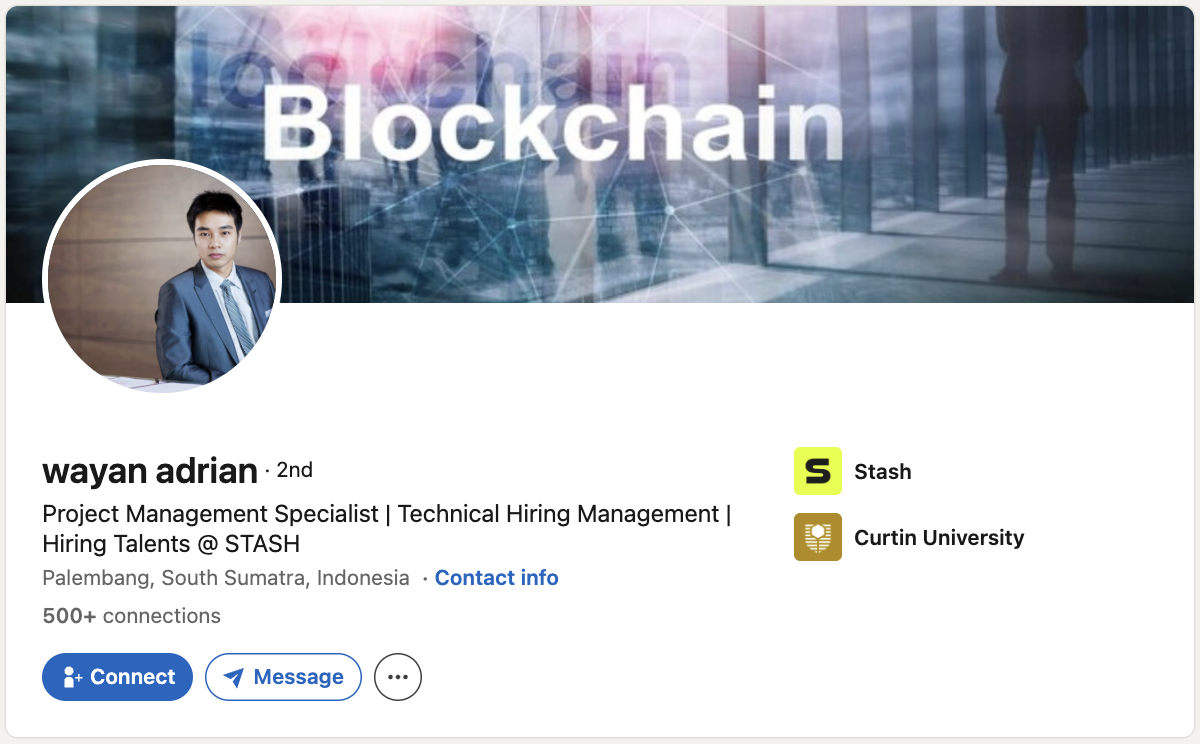 The LinkedIn profile shown to my friend during the recruiting conversation.
