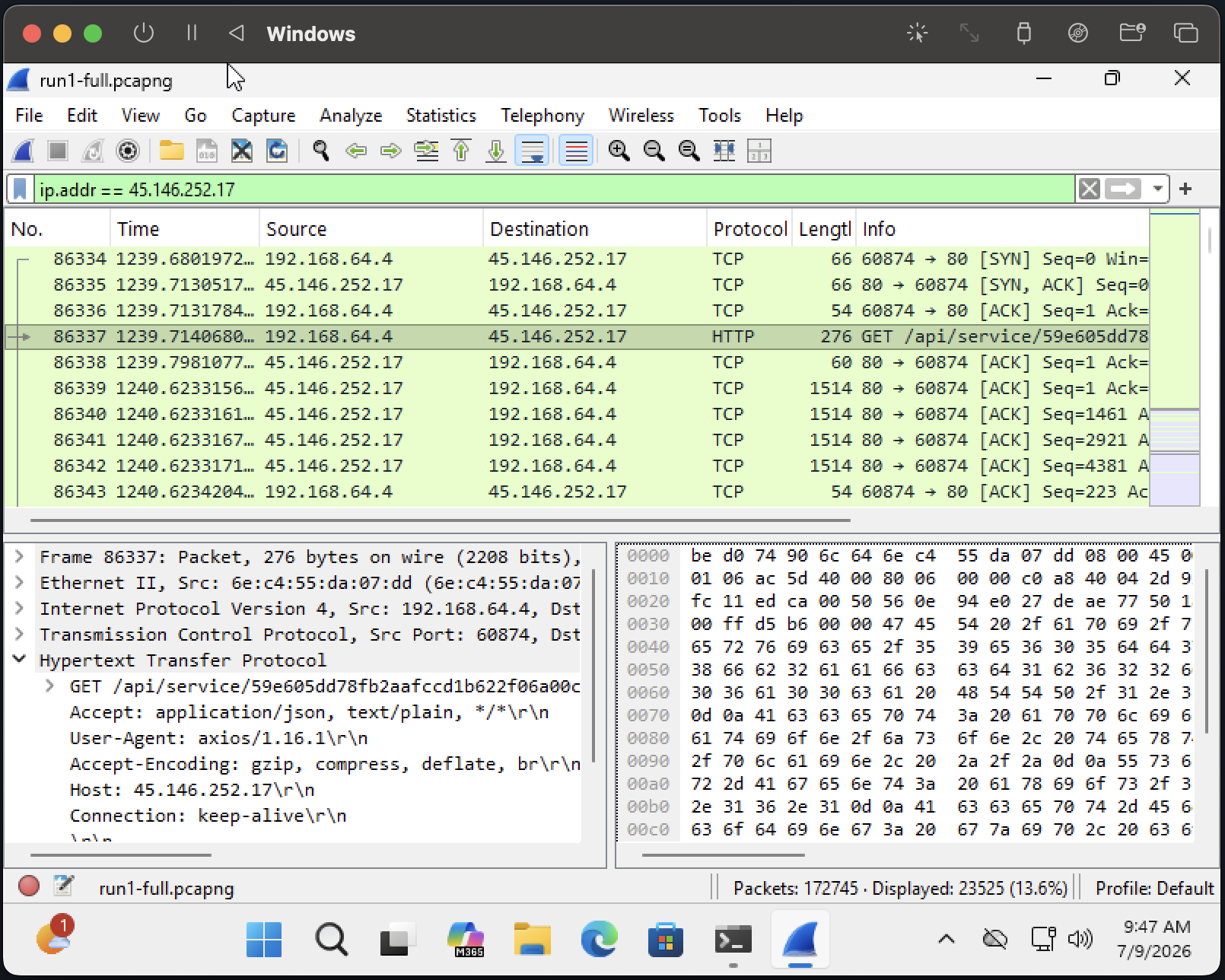Wireshark capture showing HTTP traffic to the command-and-control server.